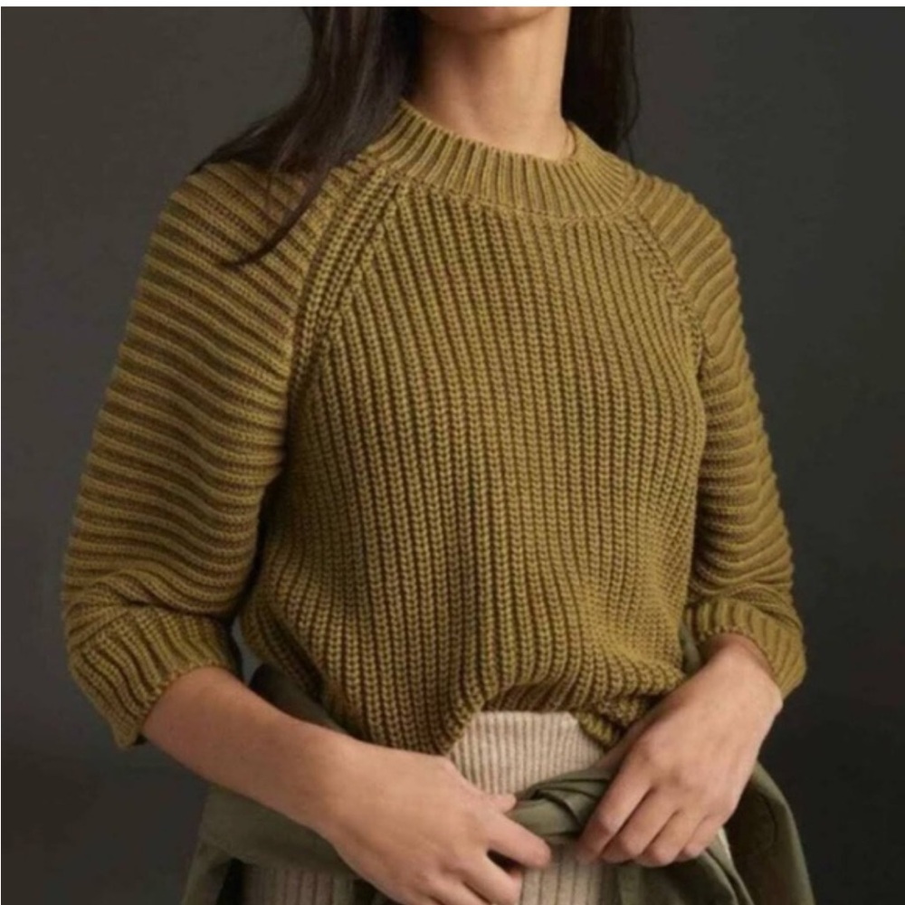 Anthropologie Maeve Women's L Mackenzie Sweater Moss Green 3/4 Sleeve